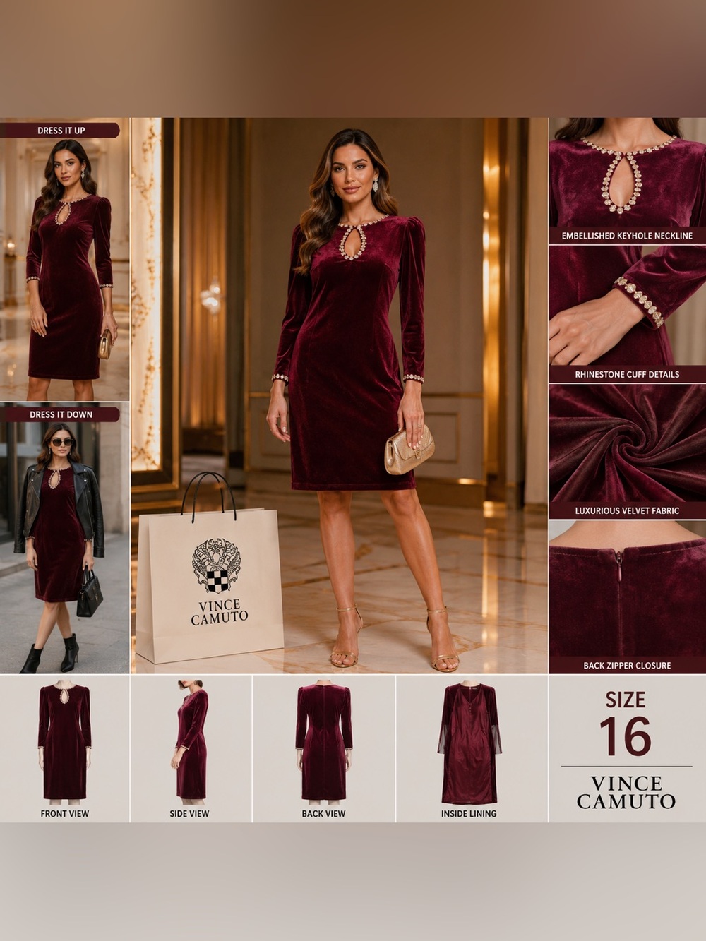 Vince Camuto Burgundy Velvet Jewel-Trim Long Sleeve Dress